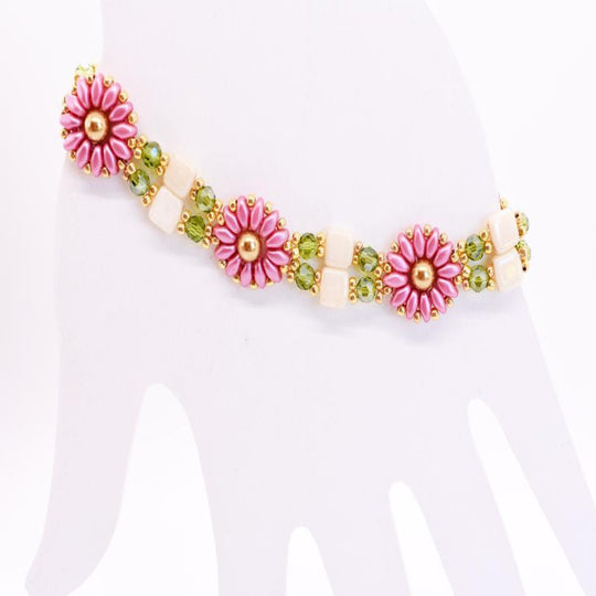 Pink, Gold, Green & Ivory Daisy Block Link Bracelet - Chic Brico