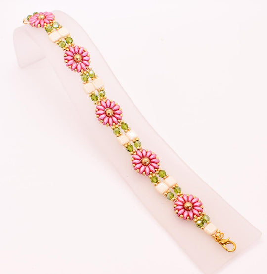 Pink, Gold, Green & Ivory Daisy Block Link Bracelet - Chic Brico