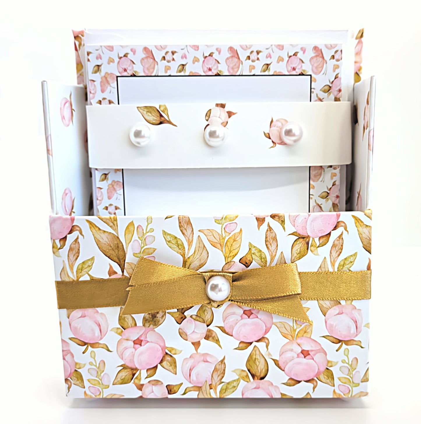 42-Pc Stationery Gift Box Set w/Reusable Desktop Organizer Box and Gold Pen - Pink Magnolias - Chic Brico