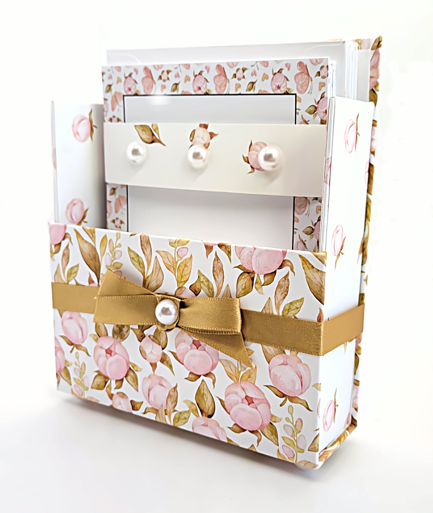 42-Pc Stationery Gift Box Set w/Reusable Desktop Organizer Box and Gold Pen - Pink Magnolias - Chic Brico