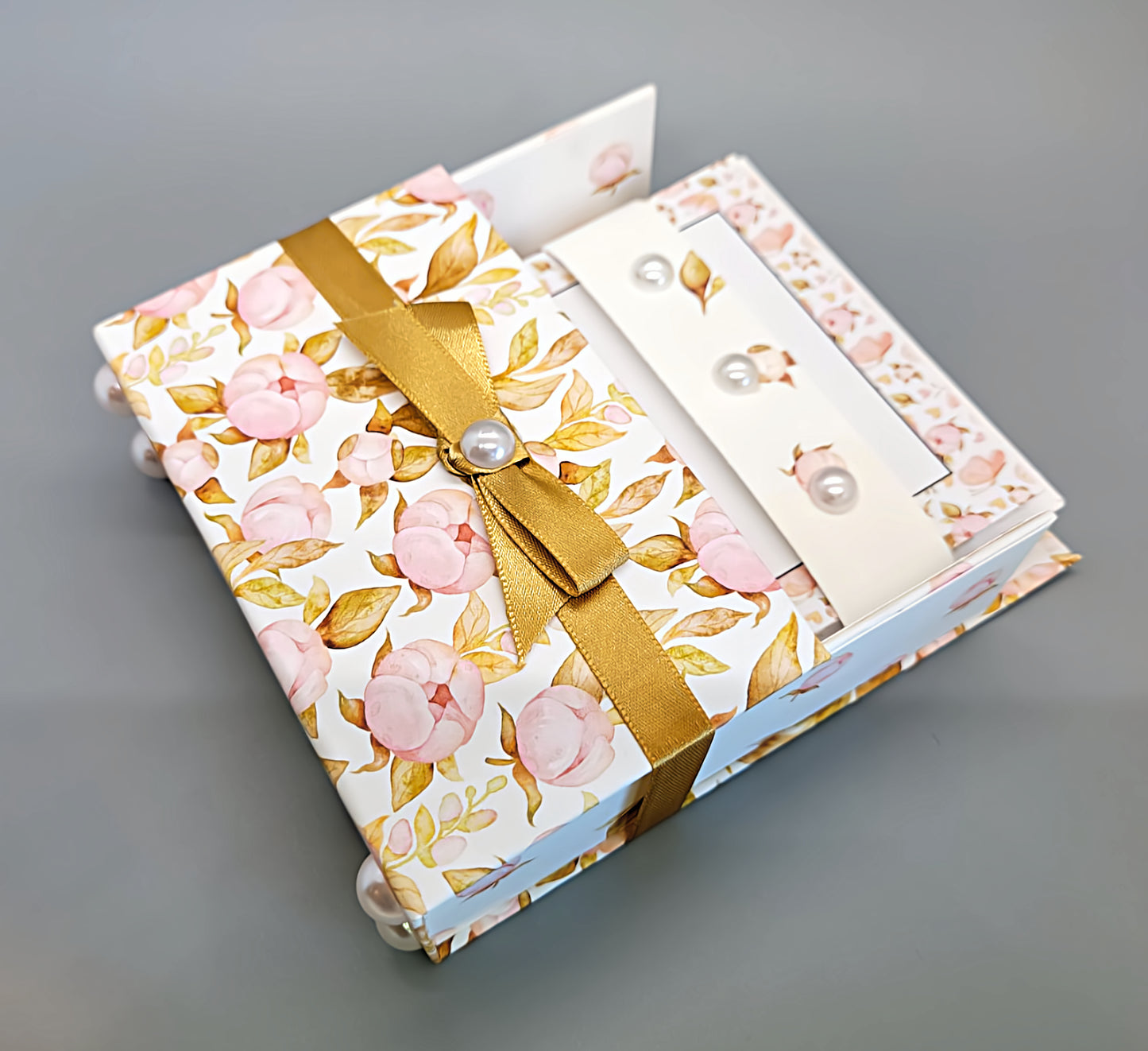 42-Pc Stationery Gift Box Set w/Reusable Desktop Organizer Box and Gold Pen - Pink Magnolias - Chic Brico