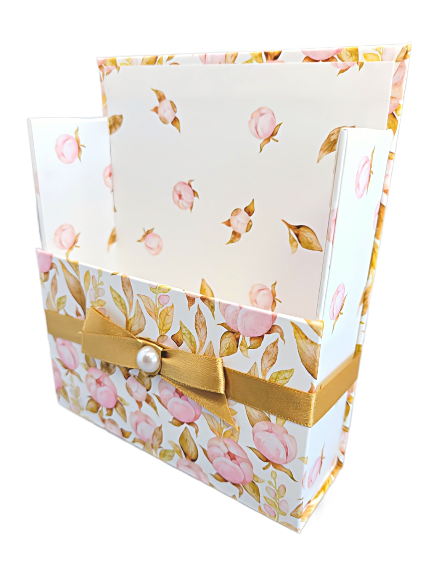 42-Pc Stationery Gift Box Set w/Reusable Desktop Organizer Box and Gold Pen - Pink Magnolias - Chic Brico