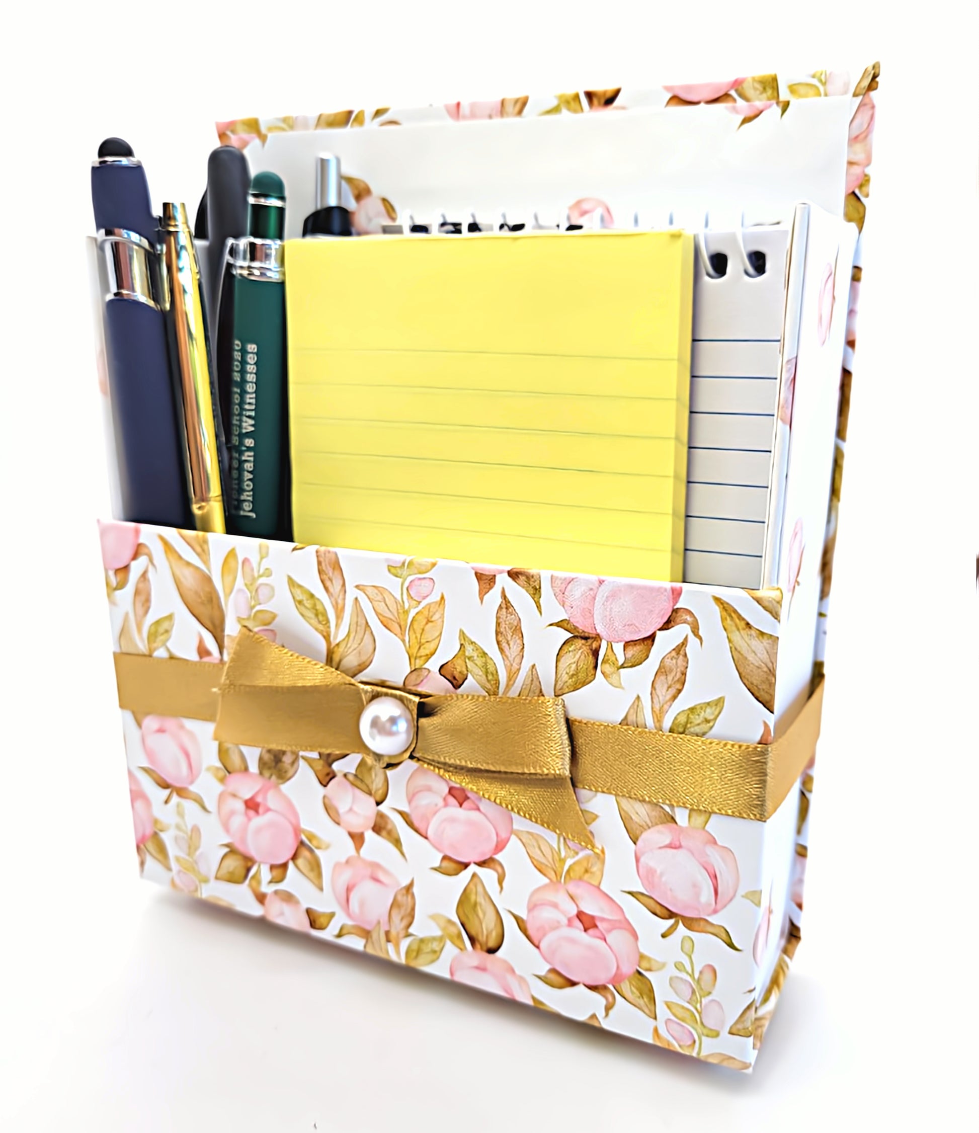 42-Pc Stationery Gift Box Set w/Reusable Desktop Organizer Box and Gold Pen - Pink Magnolias - Chic Brico