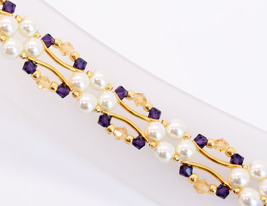 Purple Amethyst and Gold Crystal and Pearl Hex Block Link Bracelet - Chic Brico