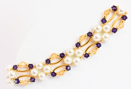 Purple Amethyst and Gold Crystal and Pearl Hex Block Link Bracelet - Chic Brico