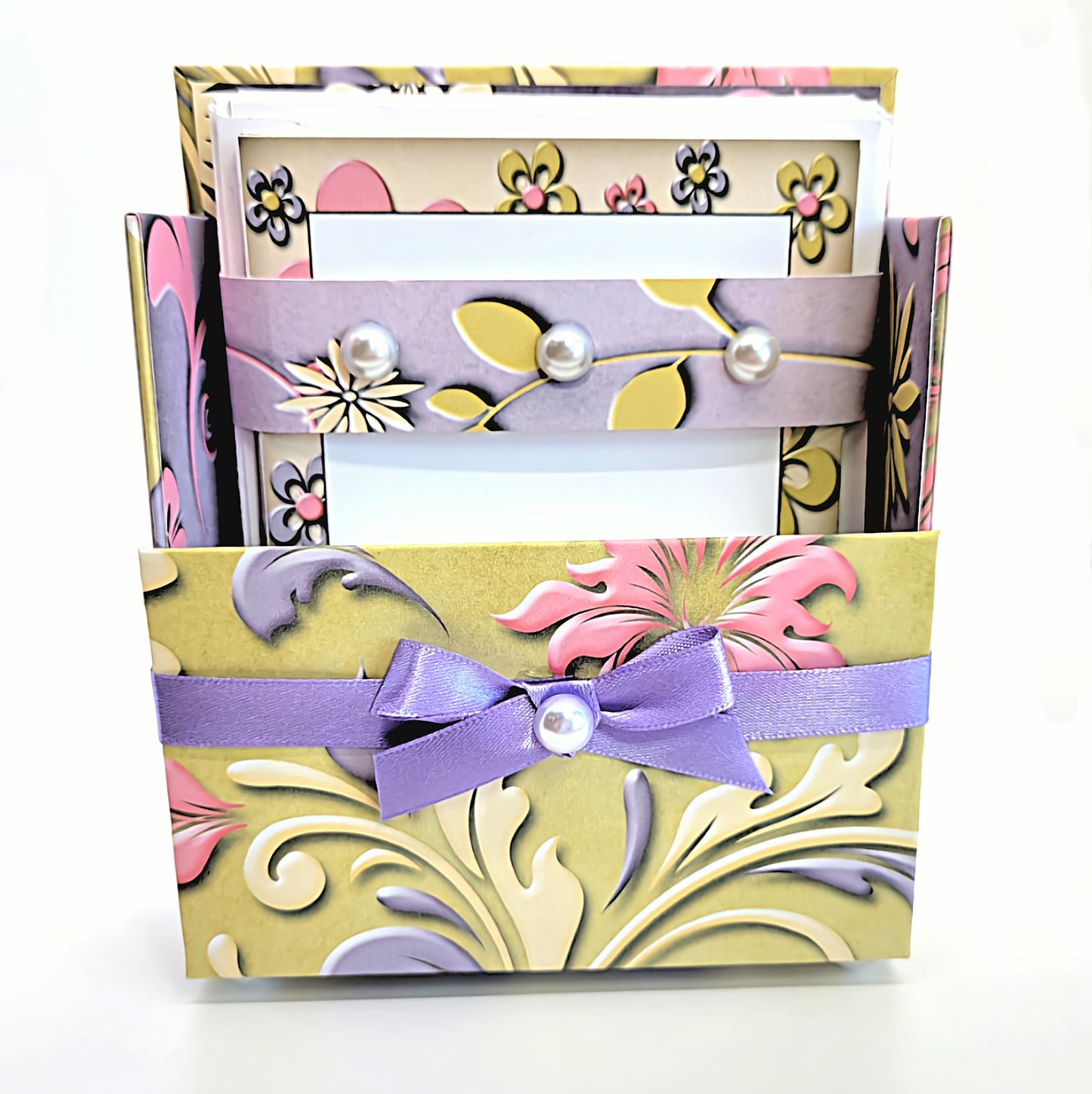 42-Pc Stationery Gift Box Set w/Reusable Desktop Organizer Box and Gold Pen - Pink, Purple, Ivory - Chic Brico