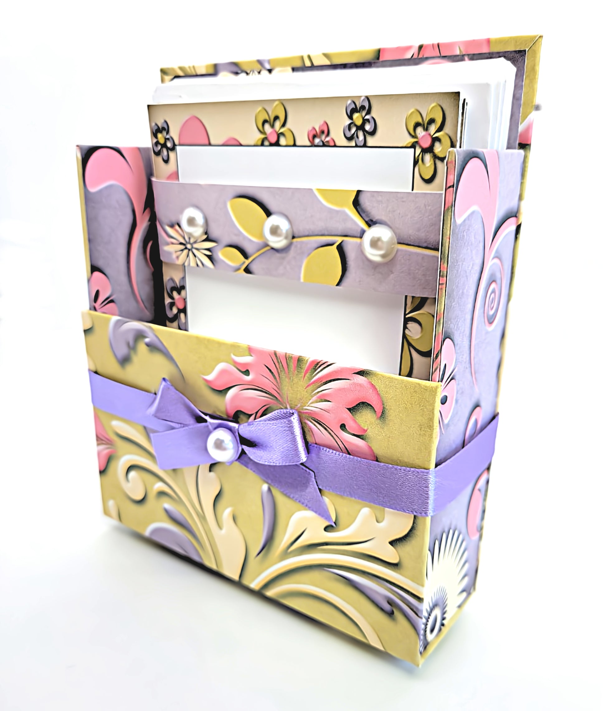 42-Pc Stationery Gift Box Set w/Reusable Desktop Organizer Box and Gold Pen - Pink, Purple, Ivory - Chic Brico