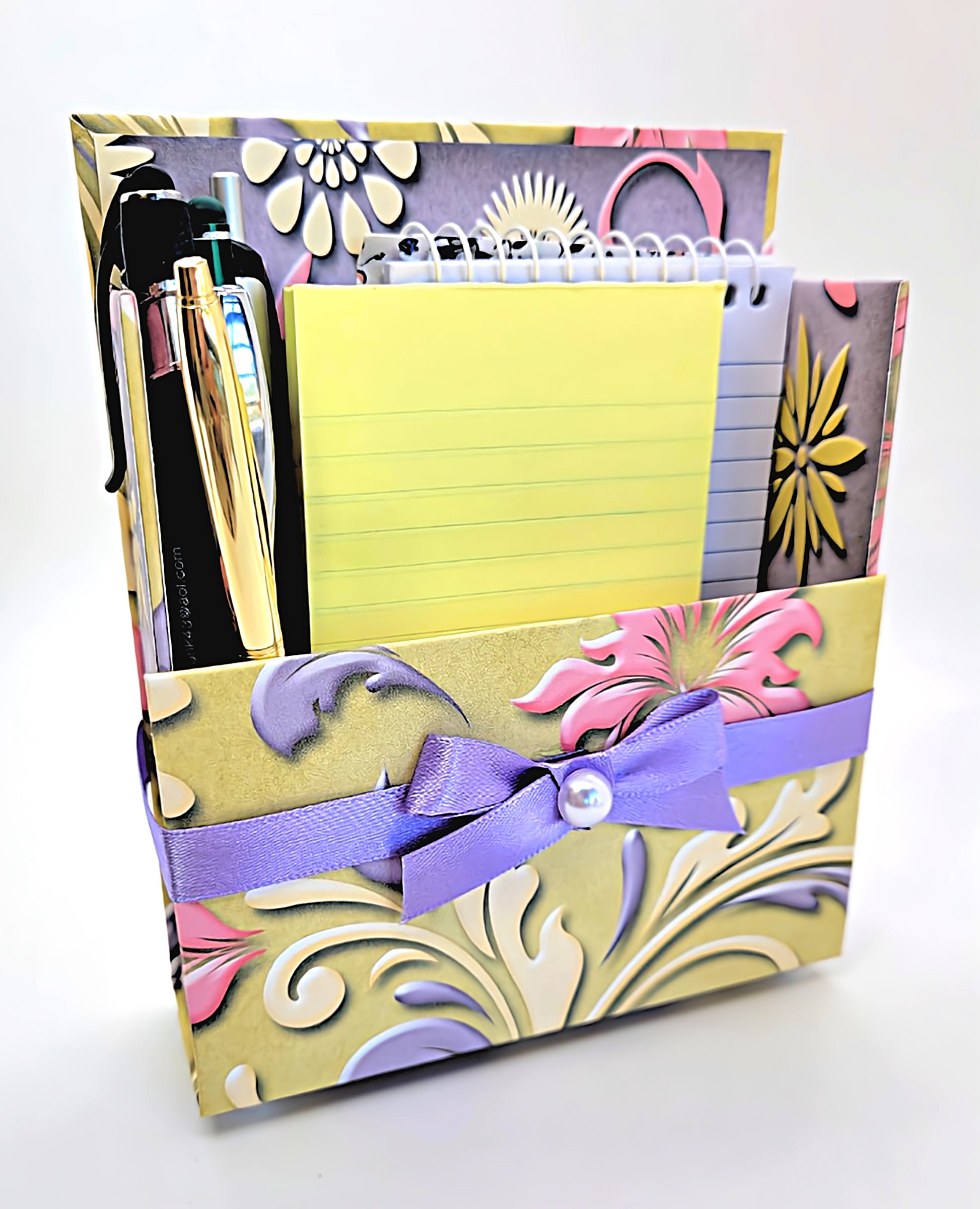 42-Pc Stationery Gift Box Set w/Reusable Desktop Organizer Box and Gold Pen - Pink, Purple, Ivory - Chic Brico