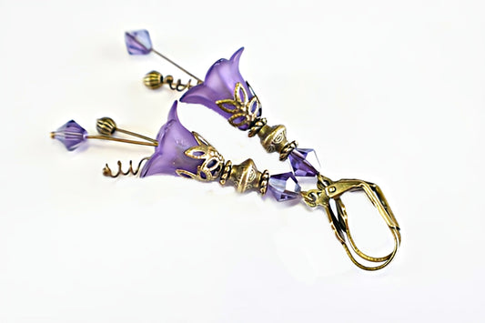 Vintage Victorian Style Purple Velvet and Antique Bronze Bell Flower Lucite Earrings - Chic Brico