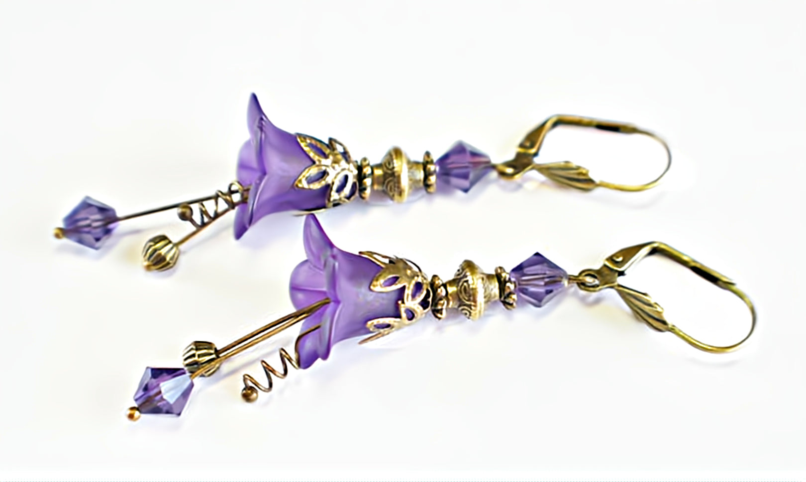 Vintage Victorian Style Purple Velvet and Antique Bronze Bell Flower Lucite Earrings - Chic Brico