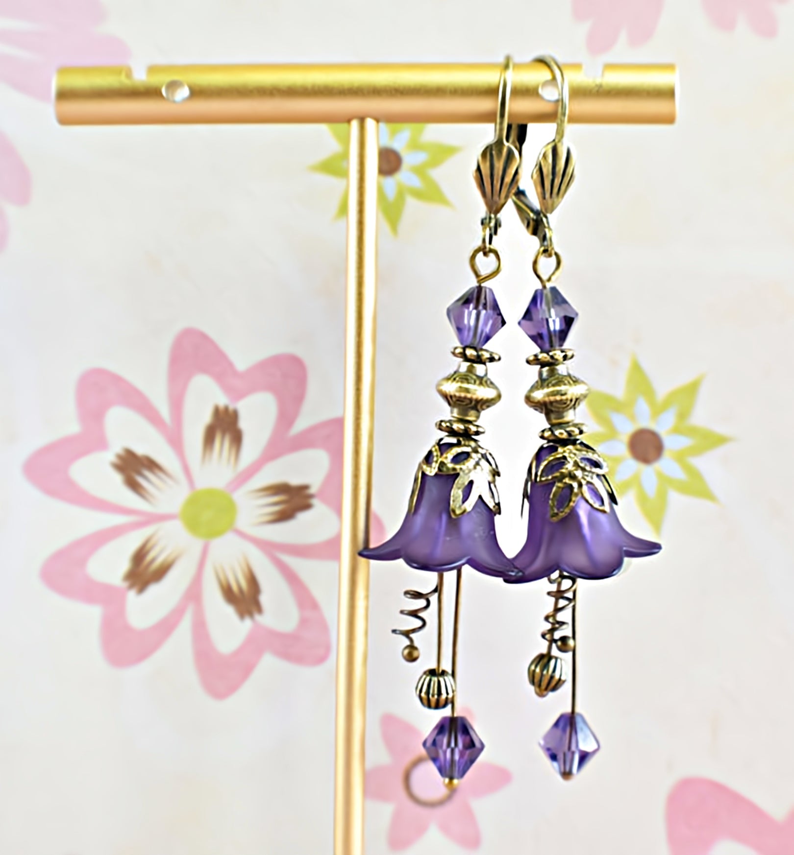 Vintage Victorian Style Purple Velvet and Antique Bronze Bell Flower Lucite Earrings - Chic Brico