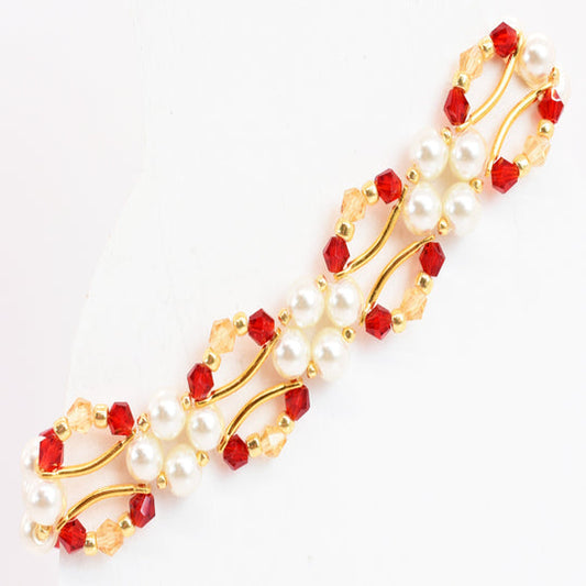Siam Red and Gold Crystal and Pearl Hex Block Link Bracelet - Chic Brico