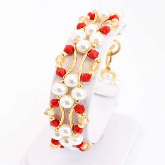 Red Jade and Gold Crystal and Pearl Hex Block Link Bracelet - Chic Brico