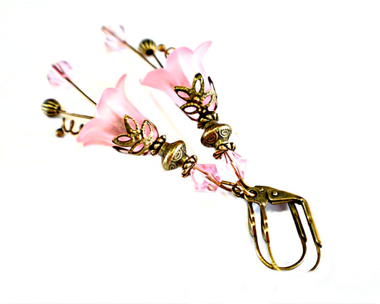 Vintage Victorian Style Rosy Pink and Antique Bronze Bell Flower Lucite Earrings - Chic Brico