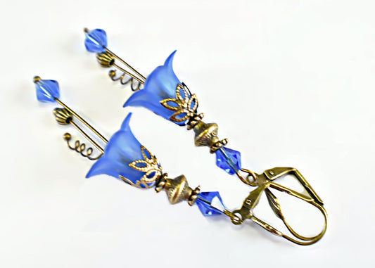 Vintage Victorian Style Royal Blue and Antique Bronze Bell Flower Lucite Earrings - Chic Brico