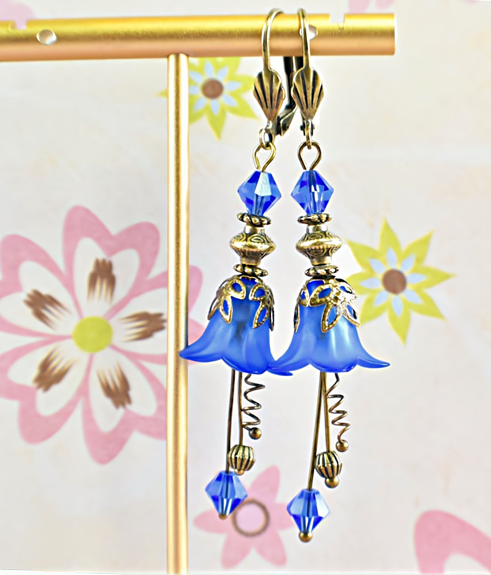 Vintage Victorian Style Royal Blue and Antique Bronze Bell Flower Lucite Earrings - Chic Brico