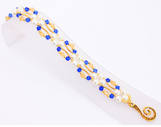 Sapphire Blue and Gold Crystal and Pearl Hex Block Link Bracelet - Chic Brico