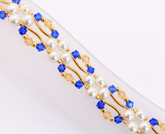 Sapphire Blue and Gold Crystal and Pearl Hex Block Link Bracelet - Chic Brico