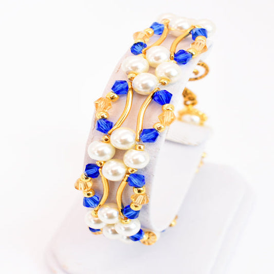 Sapphire Blue and Gold Crystal and Pearl Hex Block Link Bracelet - Chic Brico