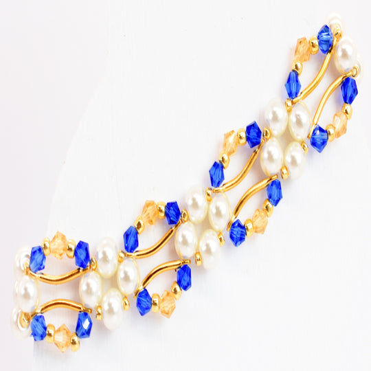 Sapphire Blue and Gold Crystal and Pearl Hex Block Link Bracelet - Chic Brico