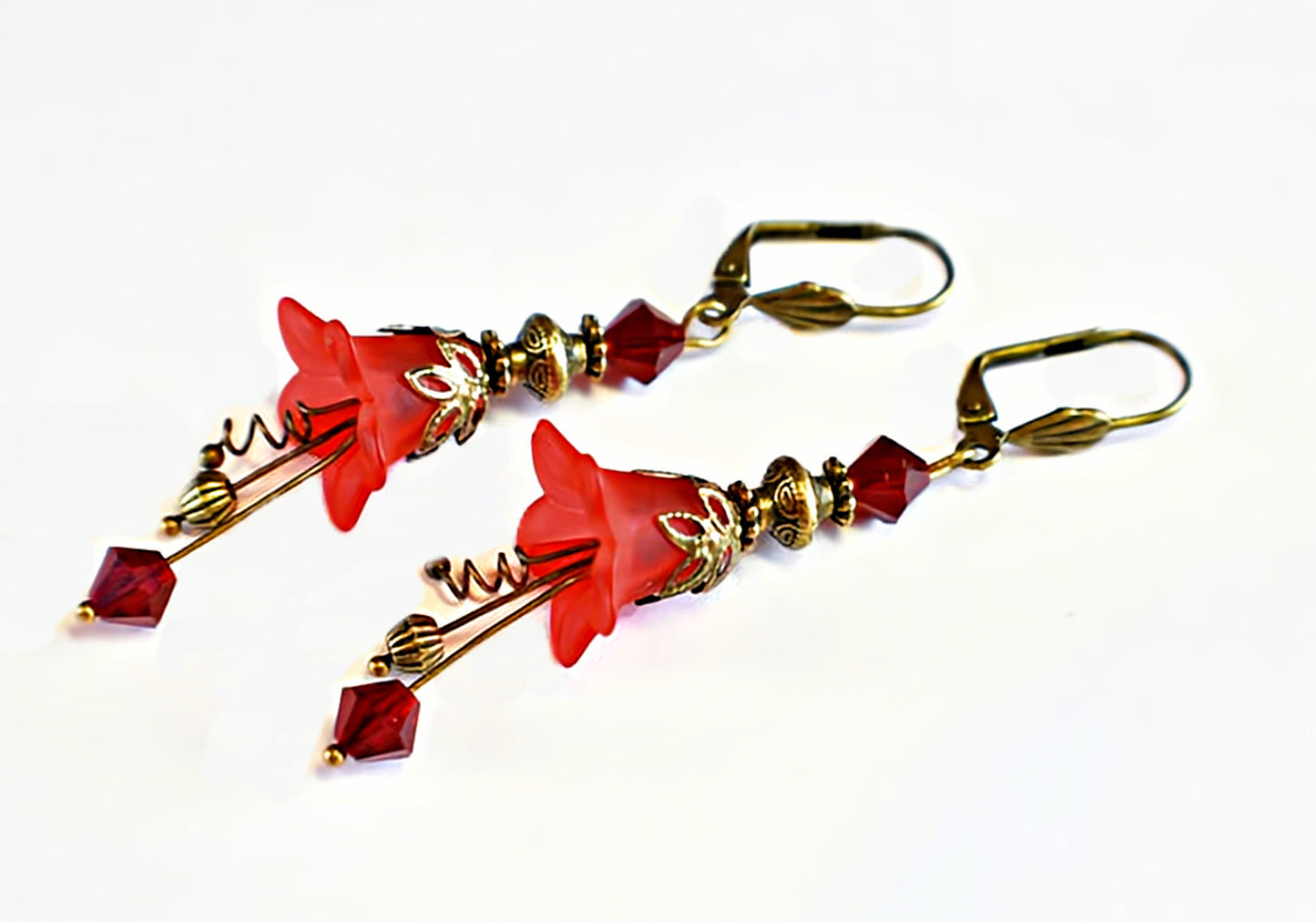 Vintage Victorian Style Siam Red and Antique Bronze Bell Flower Lucite Earrings - Chic Brico