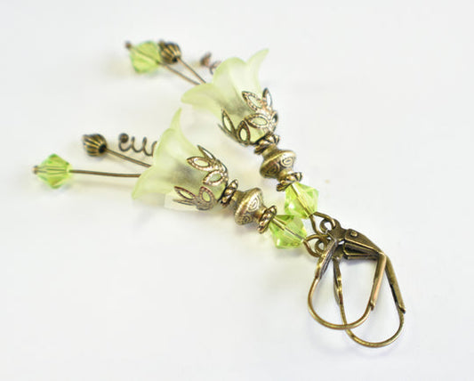 Vintage Victorian Style Peridot Green and Antique Bronze Bell Flower Lucite Earrings - Chic Brico