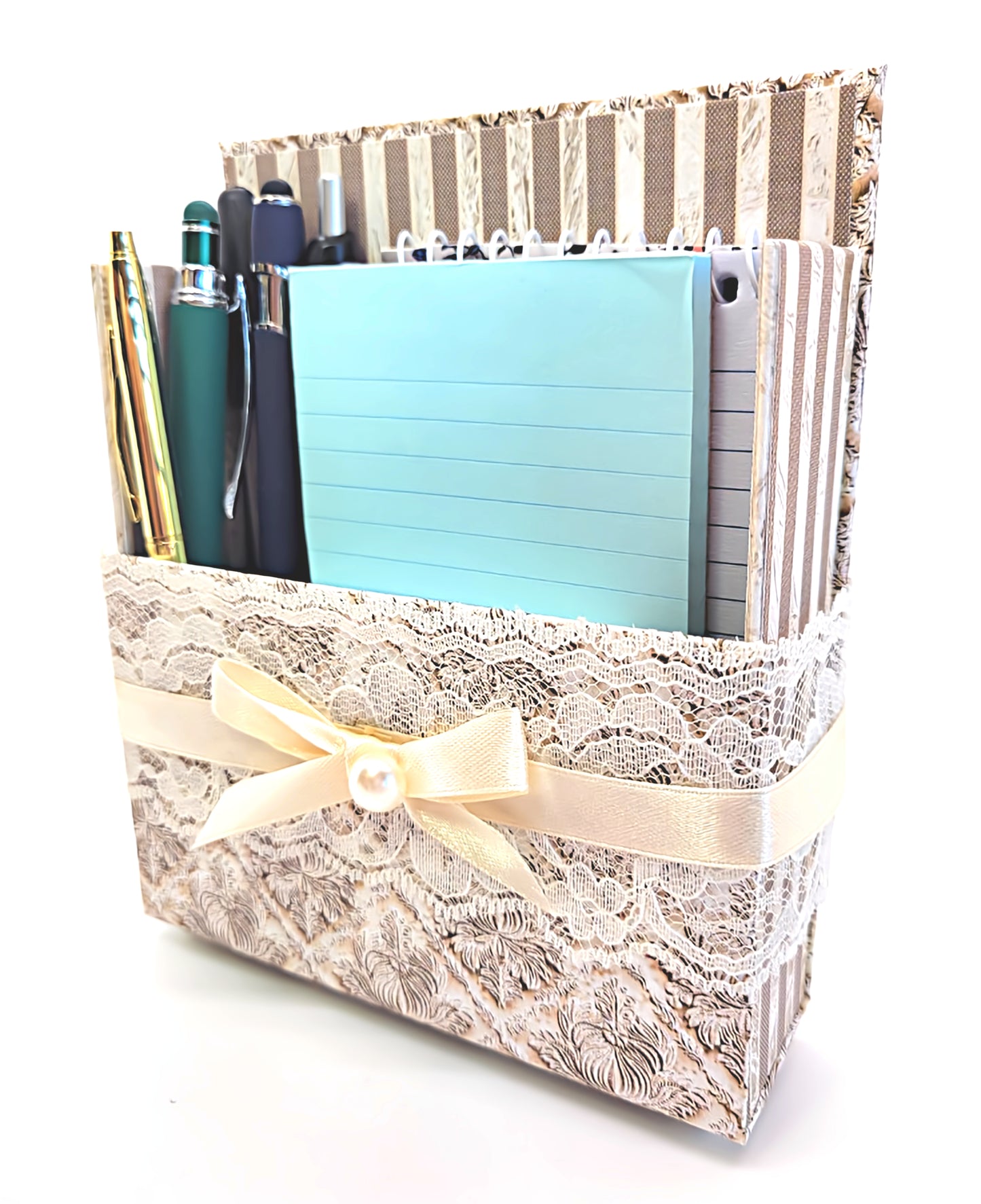 42-Pc Stationery Gift Box Set w/Reusable Desktop Organizer Box and Gold Pen - Vintage Letters & Ivory Lace) - Chic Brico