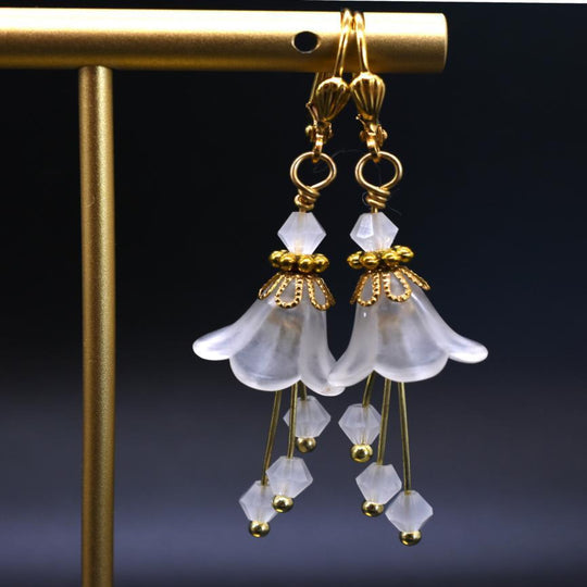 White and Gold Flower Bell Earrings - Chic Brico